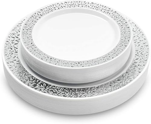 MATANA 40 Platos de Plástico Blanco Premium con Borde Plateado (2 Tamaños: 20 x 26cm, 20 x 19cm) - Elegantes, Resistentes y Reutilizables - Bodas, Cumpleaños, Barbacoas, Navidad, Fiestas