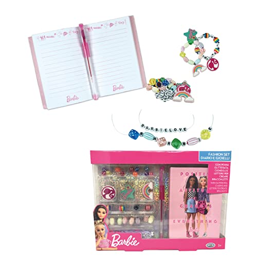 ODS - Barbie, Fashion Set Diario y Joyas, 1 Mini Diario Escolar con Bolígrafo Brillante y Colgantes para Crear Pulseras, Edad Recomendada +5 Años