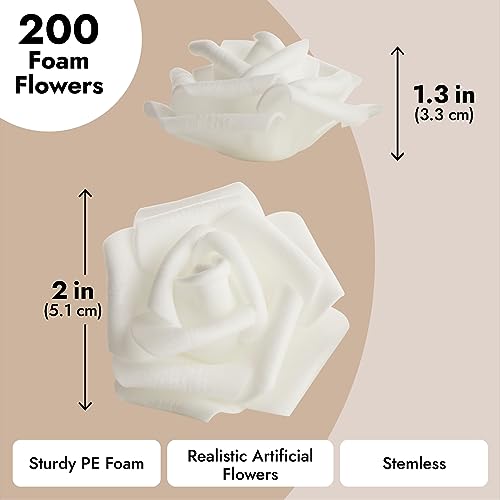 Image of Bright Creations Fake Foam Flower Heads - 2-Inch White Stemless, 200 Pack - Artificial Flowers Bulk for Crafts & Decor
