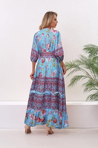 Image of Women Boho High-Waist Floral Print Maxi Dress 3 /4 Sleeve Casual | Soft Rayon, Breathable, Quick-Dry. High-Waist with Adjustable Belt, Flattering Hem. Ideal for Beach, Work & Dating.