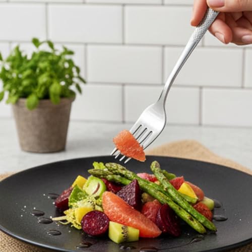 Image of Sterling Silver French Style Silverware | 5-Piece Hammered Fruit Fork Set | Premium 18 /10 Stainless Steel Flatware | Elegant & Durable Cutlery for Home, Restaurants & Gifting
