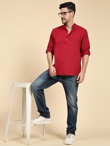 SKAVIJ Men’s Cotton Linen Kurta Shirt – Long Sleeve Henley with Mandarin Collar Roll-Up Sleeves Casual Ethnic Tunic Top3