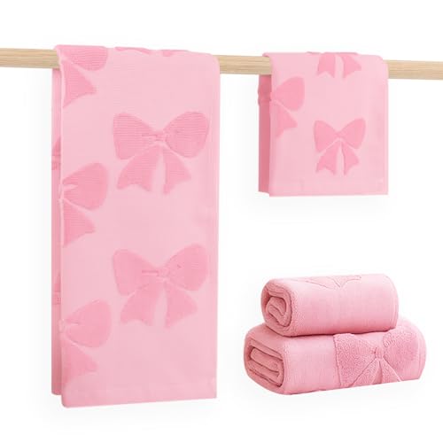 NZNDB 4 Pack Cotton Towel Set Contains 2 Hand Towels 14x30in & 2 Wash Coths 14x14in Pink Soft Bathroom Bow Towel Set Highly Absorbent & Lightweight Preppy Bath Decor Wedding Gift