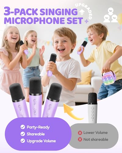 Image of YLL Upgraded Mini Karaoke Machine with 3 Wireless Microphones Toy for Kids, Birthday Gifts for Girls Boys, Portable MP3 Player for Ages 3, 4, 5, 6, 7, 8, 9, 10, 11, 12+ Year Old Family Party (Purple)