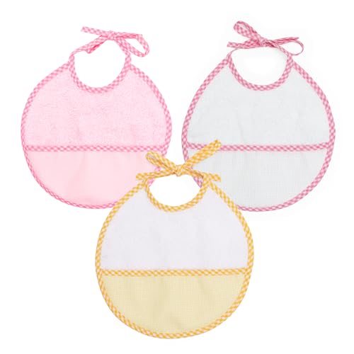 Ti TIN Pack de 3 baberos de punto de cruz para bebé de 0 a 6 meses 90% algodón rizo y 10% poliéster 20x20 cm cierre con cintas muy absorbentes aptos para secadora con bolsillo