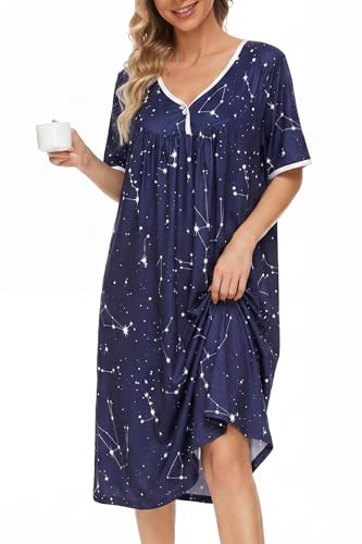 Image of AVIIER Nightgows for Women Soft Cotton Night Shirts Short Sleeve Sleepwear with Pockets