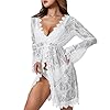 LYSINK Women Lace Cover Up Sexy Lace Floral Bikini Cover Ups Long Sleeves V Neck Cutout Crochet Mini Dress Summer Beachwear (Ba White, L) #4