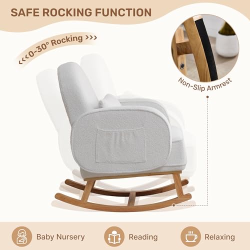 Image of HCHAIRH Rocking Chair Nursery with Ottoman Footrest, Upholstered Glider Rocker with High Backrest and Side Pocket, Rocking Accent Armchair with Solid Wood Legs for Nursery, Living Room, Bedroom White