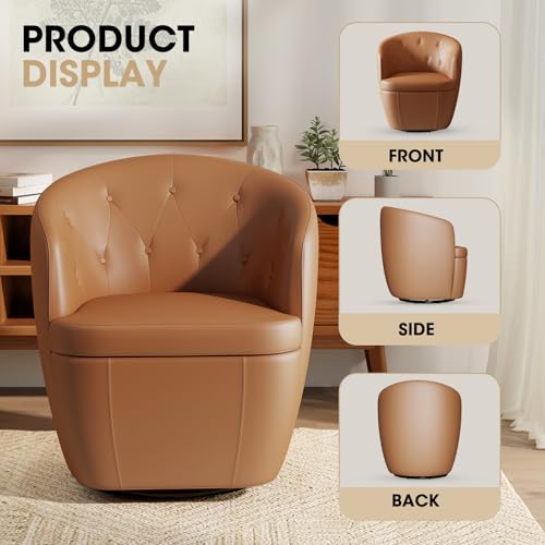 Image of 360 Swivel Leather Accent Chair, Modern Barrel Club Chair with Leather Upholstery and Sturdy Base, Comfortable Armchair for Living Room, Bedroom, Reading Nook, Brown