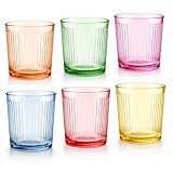 MundoTarros Set de 6 Vasos de Cristal Acanalados de Colores, 360 ml, Apilables, Aptos para Lavavajillas y Microondas, para Agua, Refrescos y Cócteles