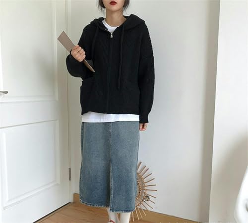 Veste cardigan pull tricoté noir avec capuche coupe ample rétro