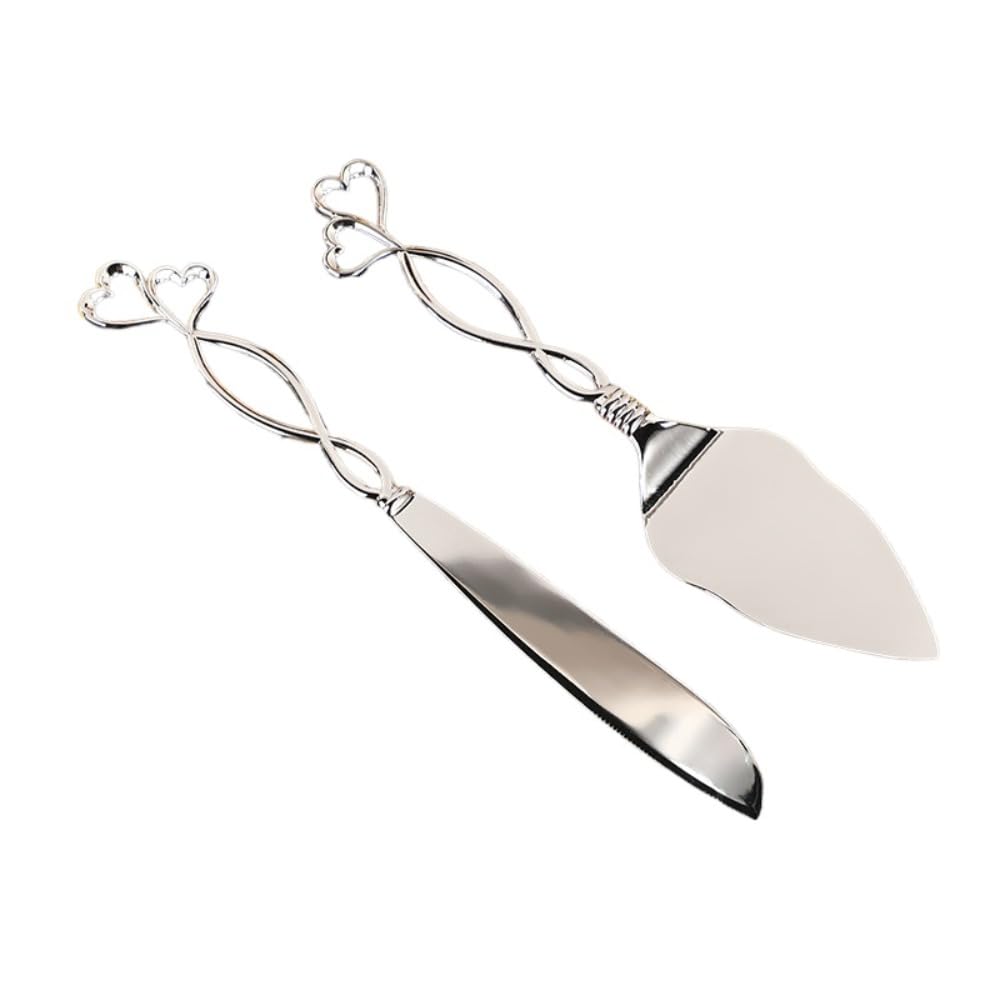 Love Cake Knife and Shovel Server 2 Piece Set for Home Bread and Pizza Cutting Tools Exquisite Plate Alloy Cutting Crafts (Silver)