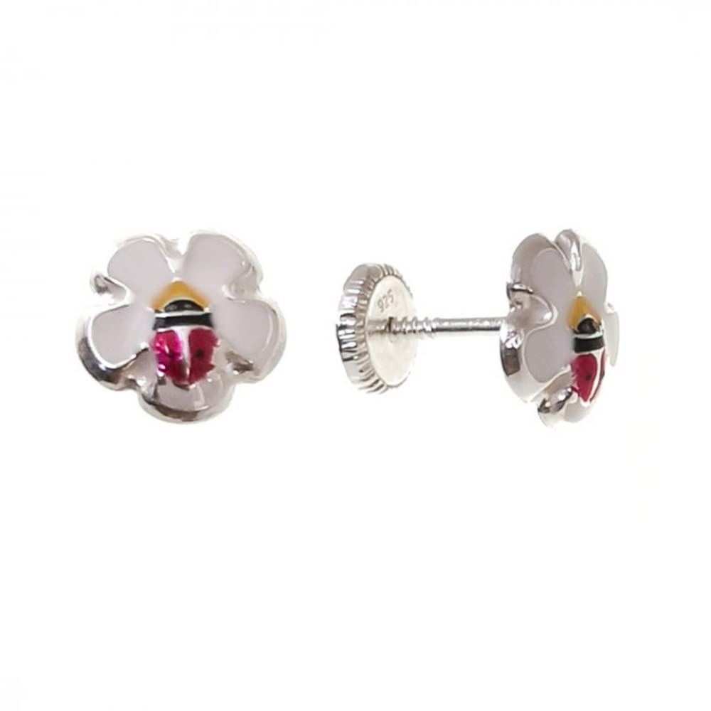 MinoplataPendientes para bebés flor y mariquita de Plata de ley preciosos si quieres hacer un regalo a una niña especial