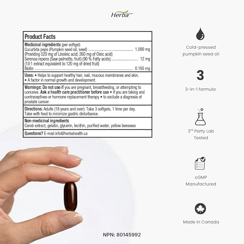 Herba Pumpkin Seed Oil Capsules for Hair - 90 Softgels | 3 in 1 with Saw Palmetto and Biotin | Cold Pressed, Extra Virgin, and Non GMO | Made in Canada — view 8