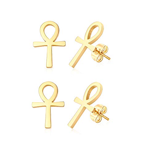 Ancient Egyptian Symbol Ankh Cross Stud Earrings Stainless Steel Key of Life Ear Plugs for Men Women