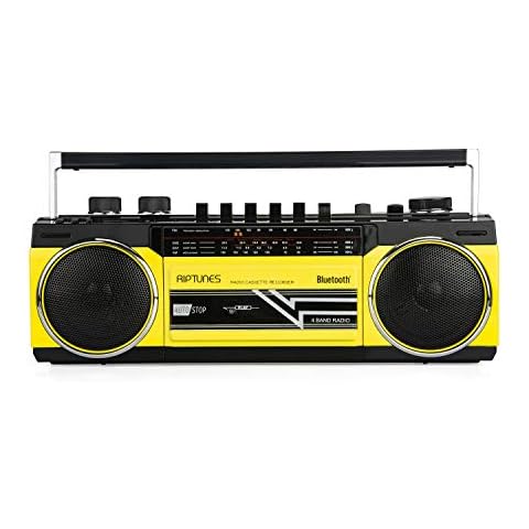Riptunes Cassette Boombox, Retro Blueooth Boombox, Cassette Player and Recorder, AM/FM/SW-1-SW2 Radio-4-Band Radio, USB, and SD, Yellow Cover