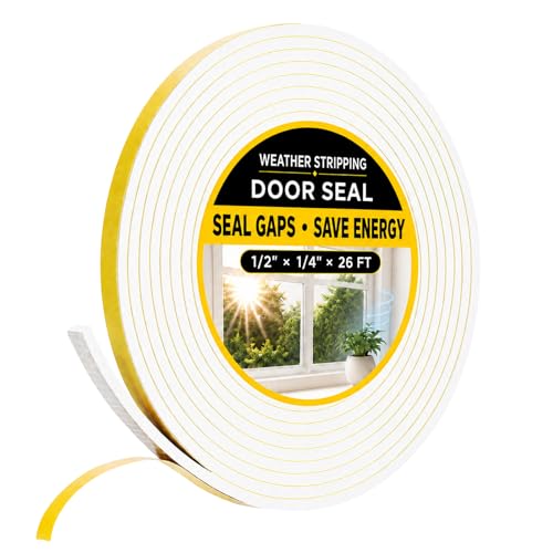 26Ft White Weather Stripping Door Seal - 1/2 x 1/4 Door Seal Strip for Door Frame High Density Foam Insulation Tape Self Adhesive Soundproof Gap Filler for Doors Windows Sliding & AC Units