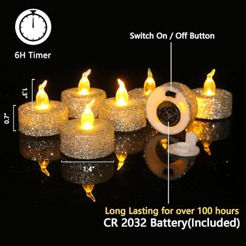 Image of 12Pcs Sliver Glitter Tea Light Candles Battery Operated with Timer | Led Flameless Tealight Vitive Candles, Warm White Flickering for Christmas Decor,Event,Anniversary Party,Wedding