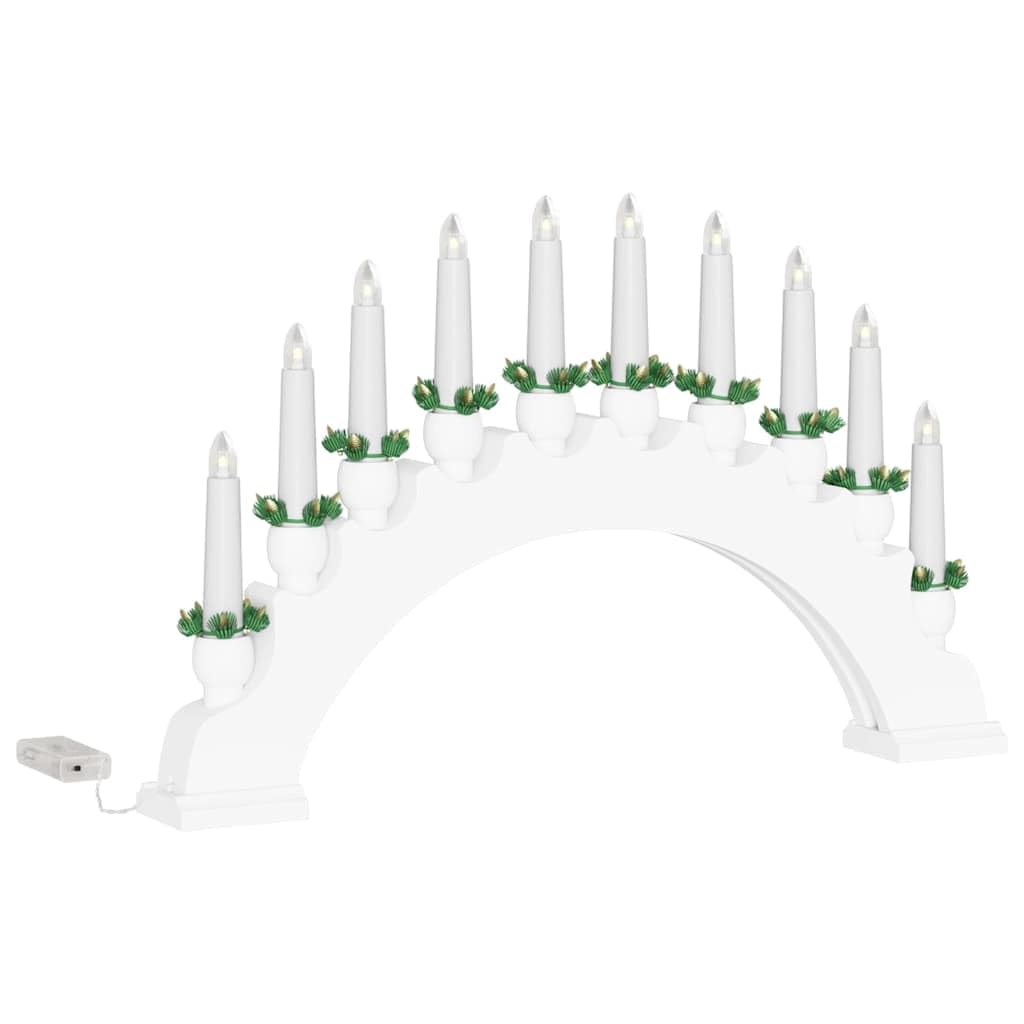 Świecznik bożonarodzeniowy z 10 świecami LED, biały, 47 x 29 cm, z litego drewna sosnowego, zasilany bateriami, do świątecznej dekoracji stołu i parapetu, trwała dekoracja bożonarodzeniowa