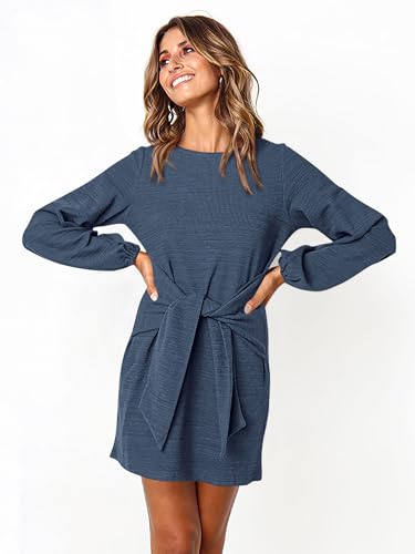 Image of PRETTYGARDEN Womens Spring Elegant Long Lantern Sleeve Short Dress Wedding Guest Crewneck Tie Waist Knit Cocktail Dresses