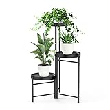 3 Tiers Metal Plant Stand for Indoor Outdoor, iDavosic.ly Foldable Tall Plant Holder Display Rack with 3 Trays, Corner Iron Flower Pot Shelf for Living Room Balcony Garden Patio (Round, Black)