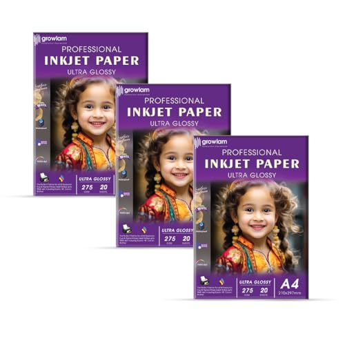 Image of Growlam Ultra Glossy Photo Paper 275 GSM A4 Size, 20 Sheets (Pack of 3) | Resin Coated Surface, Waterproof Technology, Tropical Climate Durability, Realistic Color Reproduction, Stunning Visual Depth