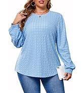 Plus Size Tops for Women Trendy Casual Long Sleeve Textured Solid Color Round Neck T Shirts Fall ...