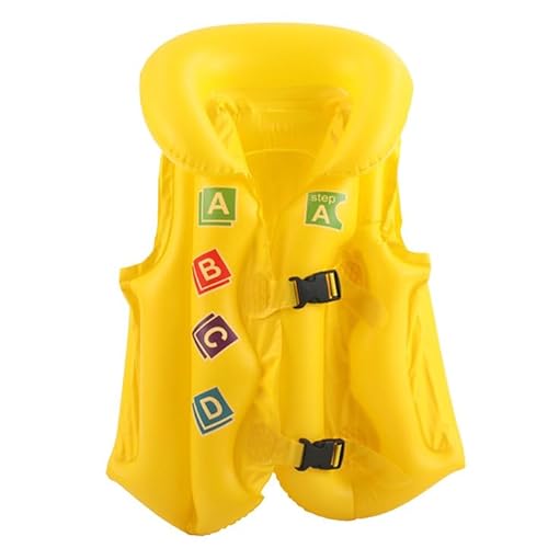 Kids Inflatable Swim Vest, Yellow, M, Kids Swimming Float Vest Floating Jacket with Head Protection Buoyancy Swimming Vest Swim Aid Swim Lesson Swim Home Pool for 1-13 Years Kids Boys Girls