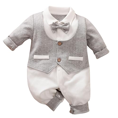 Image of HUAANIUE Newborn Baby Boys Gentleman Romper One Piece Long Sleeve Bowtie Outfit Formal Wear Tuxedo Suit