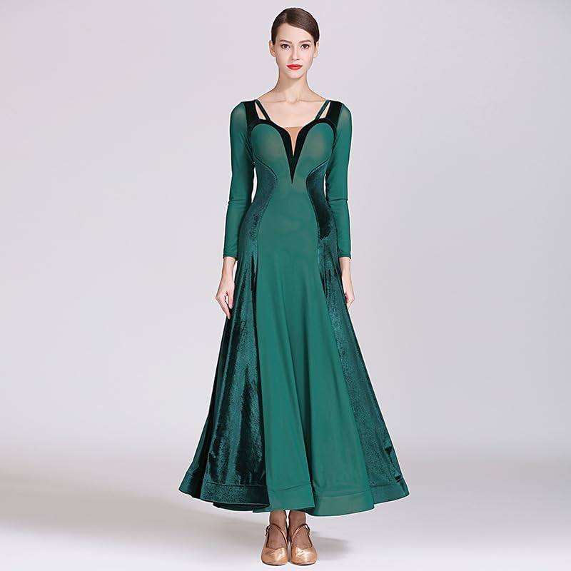 HEARTTOUCH Velvet Ballroom Dance Dress Women Modern Waltz Tango Dresses Swing Skirt Ball Gown for Competitive Social Dancing