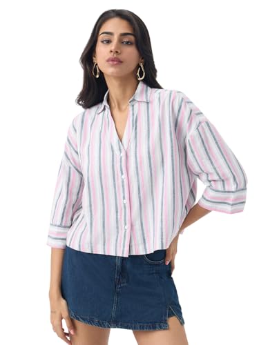 Image of The Souled Store Cotton Linen Shirt: Women and Girls Drop-Shoulder Sleeves Spread Collar Stripes Lightweight Casual Oversized Shirt