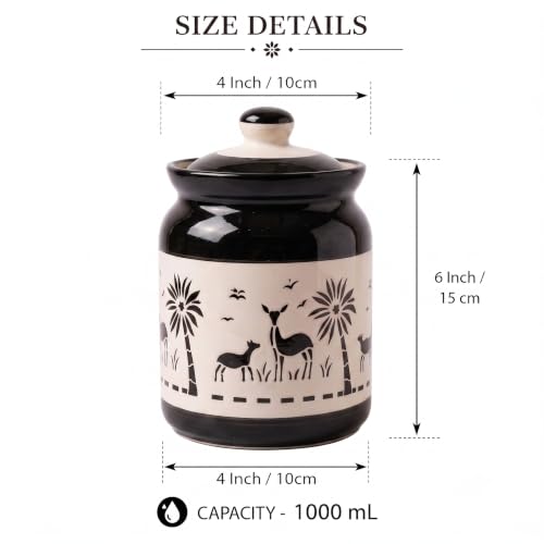 Image of D'Maiolica Ceramic Handmade Pickle Jars in 1000ml (set of 2) | Floral Bale 1 kg Achaar Martban | Ceramic Jadi for Kitchen Storage (Set of 2) | Jars for Achar, Spices, Salt (Artisian Midnight Savannah)