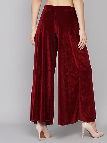 Image of Vaararo Party Trousers for Women | Shiny Velvet Fabric Wide Bottoms Stylish Palazzo Pants