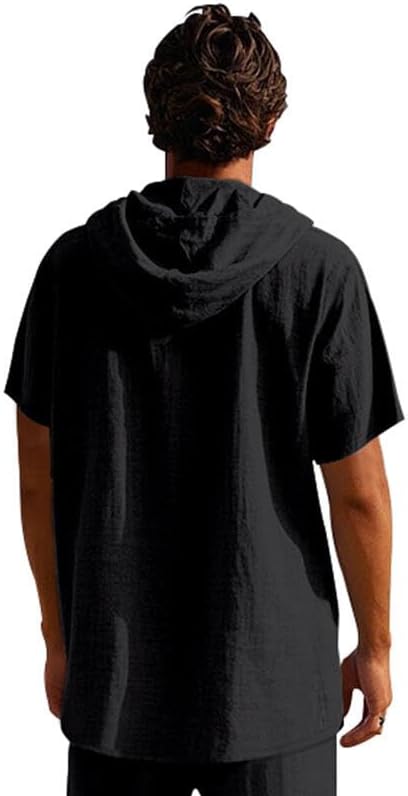 LIZALIG Men's Casual Linen Blend Shirt Short Sleeve Hooded Pullover 1/4 Button Henley Shirt for Vacation and Daily Wear - Image 2