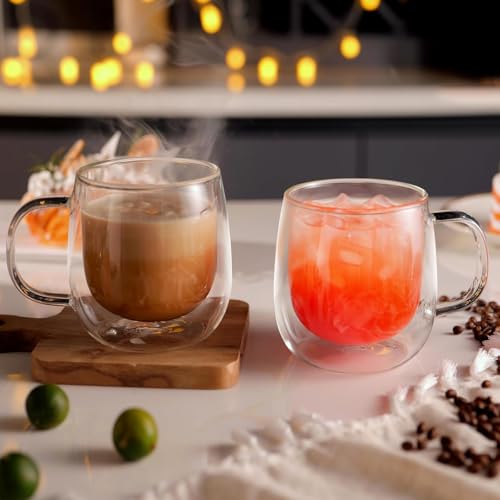 Doppelwandige Kaffeegläser mit Henkel, 2 Stück 250ml Borosilikatglas Isolierbecher für Latte Macchiato, Cappuccino, Tee, Heiße & Kalte Getränke, Spülmaschinenfest – Bild 4
