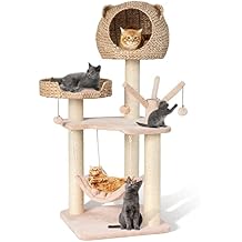 PETSITE Woven Cat Tree, Modern Cat Tower with Hammock & Scratching Posts, Cattail Condo & Top Perch, Cat Activity Tree for Indoor Cats