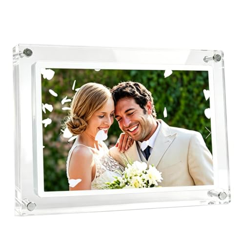 Marco de fotos digital de 5/7 pulgadas, acrílico transparente, rotación de 360°, batería recargable, pantalla IPS HD, transmisión inalámbrica (soporta JPG, BMP, AVI, MP4) (7)