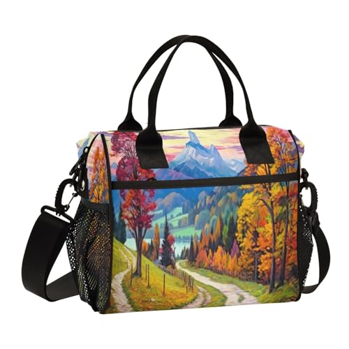 FLildon Beautiful Country Road Lunch Bag Reusable Insulated Lunch Box Cooler Tote Removable Shoulder Strap Meal Picnic Bags for Outdoor Travel Office Work Small