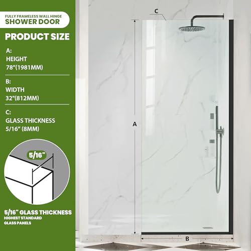 Shower Glass Door 32W*78H Inch, Bathroom Semi-Framed Fixed Shower Glass Panel Door, 5/16\"(8MM) Thick Clear Tempered Glass Door, Matte Black