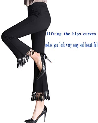 Women's High Waist Bell Bottom Tassel Flare Cropped Pants Plus Size Stretch Wide Leg Capri Pants4