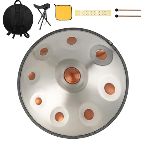 Handpan Instrument à main 440 Hz d-Moll 22 pouces Hand Pan Stahltrommel tambour à main 9 notes 10 notes 12 notes Convient aux performances impromptues lors de réunions de famille (jaune doré, 9Y)