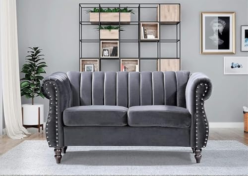 Image of Modern & Classic Chesterfield Sofa 5 Seater Sofa Velvet L-Shape Corner Sectional Button Tufted Sofa for Living Room, Dining Room, Office and Hallway-(Grey).