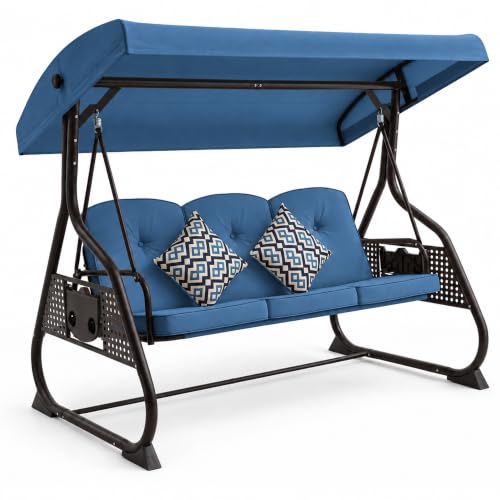 Mvpipi 3 Seat Patio Swing with Canopy, 3-in-1 Outdoor Porch Swing Chair with Adjustable Backrest, Sunshade, Side Trays & Pillows, Heavy Duty Metal Frame for Patio, Garden & Backyard(Blue)
