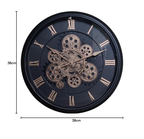 Image of MARSMADE Analog 38X 38 cm Black Moving Gear Wall Clock Wall Clock, Clocks with Roman Numerals for Living Room Office (Black with Glass, Standard)