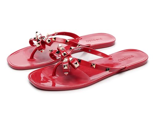 Womens Studded Sandals Bow Flip Flops Jelly Shoes Womens Beige Jellies Flat Size 7, Summer Beach Thong Slides with Rivets Dressy Slippers Slip On4