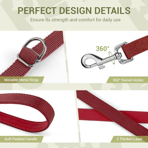 Hundeleine für Kleine & Mittelgroße Hunde bis 30 kg, 3 m Verstellbare Schleppleine Doppelleine, Verdickte Freihandleine Übungsleine Führleine aus Nylon mit 2 Karabiner, Weinrot