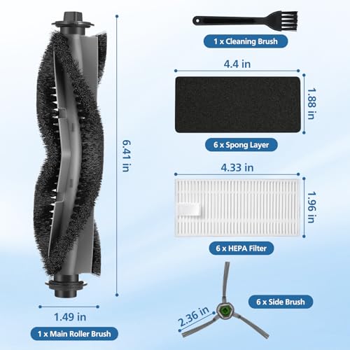 Airrobo P20 Robot Vacuum Cleaner Replacement Parts - 1 Main Brush, 6 HEPA Filters & Sponge, 6 Side Brushes, 1 Cleaning Brush (14 Pack)