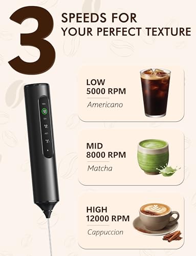 Image of Rechargeable Milk Frother Hanheld 3 Speed, Frother Wand Drink Mixer Handheld Coffee Stirrers Electric Frother for Coffee Mixer Wand with 3 Whisk frother for protein powder-Black