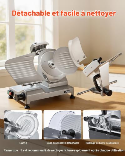 VEVOR Trancheuse Électrique 240 W, Trancheuse à Jambon avec Épaisseur de Coupe Réglable 0-12 mm, pour Saucisson Pain Fromage Viande Charcuterie, Lame en Acier au Carbone 250 mm et Affûteur Intégré – vue 6