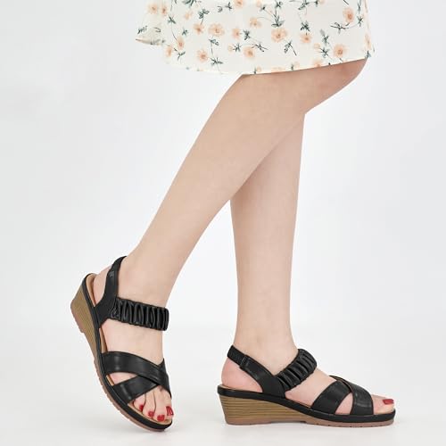 Almusen Womens Wedge Sandals Dressy: Comfortable Elastic Ankle Strap Summer Low Heel Work Sandals for Women 2025 Fashion Wedding Shoes2